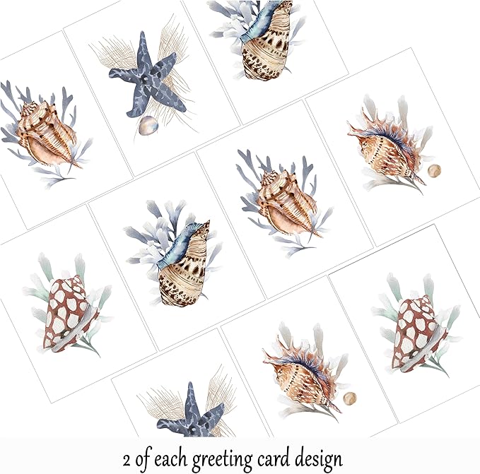 Sea Shell Greeting Cards - Set of 10 All Occasion 5 x 7 Note Cards with Envelopes. Blank Inside. Watercolor Designs of Seashells, Starfish and Coral