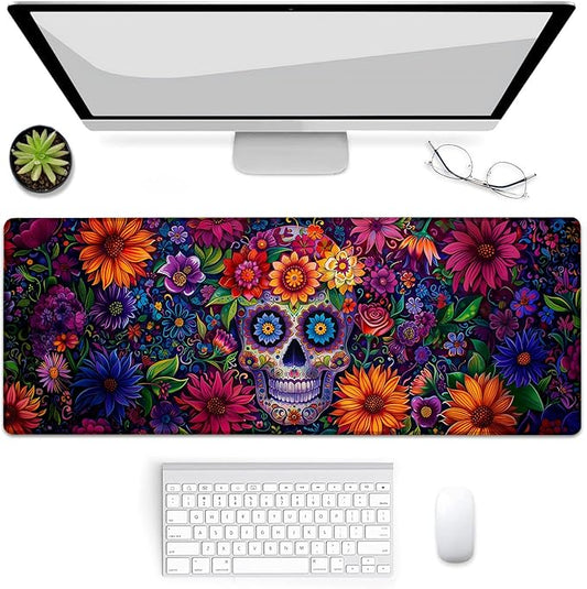 Day of The Dead Skull Gaming Mouse Pad, Mouse Pad, Desk Mat, Non-Slip Rubber Base MousePads for Computers Laptop Office School Home Accessories Decor Gifts 31.5" x 11.8"
