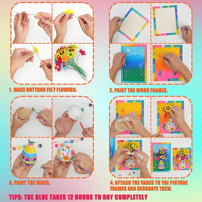 FTBox Crafts Gift for Girls, DIY 3D Felt Flowers Wooden Vase Picture Frame Painting Kit, Arts and Crafts Project for Kids Age 6 7 8 9 10 11 12 Years Old (Felt Flowers)