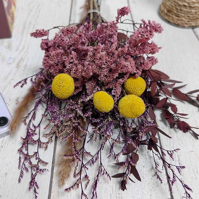 L'BREVOGA Dried Flower Bouquet - Caspia,Rose, Billy Ball, Gypsophila - 15 Inches, Unique Design (Purple)