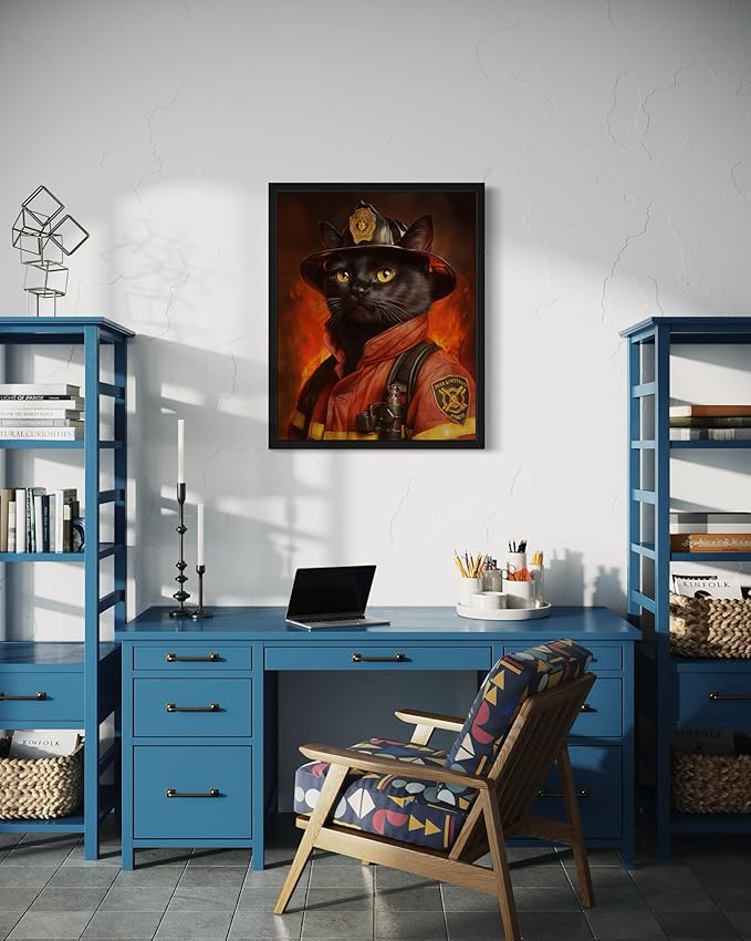 Firefighter Portrait Art Poster Print, Cat Kitten Painting Humor Portrait Pet Artwork Decor Gallery A8 (Firefighter, 8 x 10 inches, Unframed)