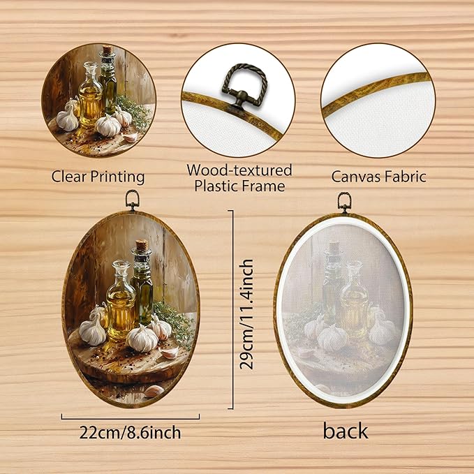 Hiuwevt Vintage Kitchen Oval Wall Art Decor, Rustic Farmhouse Framed Canvas Prints, Rustic Olive Oil with Garlic Food Oval Wall Hanging Decor for Kitchen Dining Room Home Decorations, 8.6x11.4 Inches