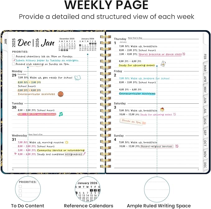 2026 Planner, Monthly and Weekly Calendar Planner for Women, Jan 2026 - Dec 2026, Hardcover Pretty 2026 Agenda Planner Book with Tabs, Spiral Bound, Perfect for School Office Home Supplies, 6.3" x 8.5" - Golden Elegance