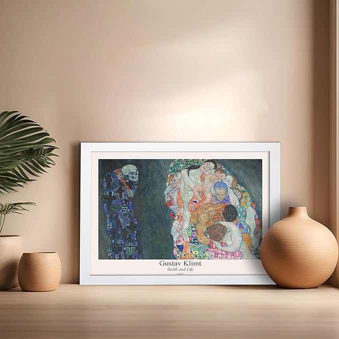 Poster Master Vintage Gustav Klimt Poster - Retro Death and Life Print - Art Nouveau - Symbolism Art - Abstract Art - Aesthetic Art - Classic Painting - Living Room Decor - 16x20 White Framed