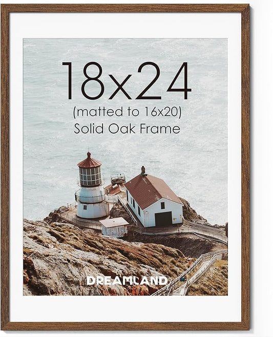 Dreamland 18x24 Picture Frame, Natural Oak Wood Poster Frame with Mat for 16x20, 18 x 24 Matted Picture Frames with Tempered Real Glass for Wall Art Photo and Prints, Walnut Color, Set of 1