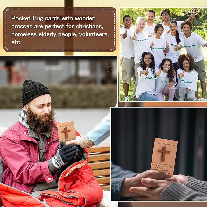 Bucherry 60 Set Pocket Hug Token Bulk Hug Greeting Cards with Mini Wooden Cross Greeting Cards Keepsake Exchange Card Relationship Gift for Friends Colleagues Family Christians Church Gifts (Brown)
