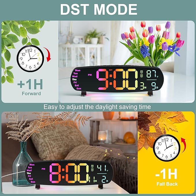 13.7" Digital Wall Clock Desk Clocks with Temperature, 11 RGB Colors, Night Lights, Alarms, Auto Dimming, Timer, DST, Remote Control, Digital Clock for Classroom Livingroom Gym Gaming, Gift for Senior