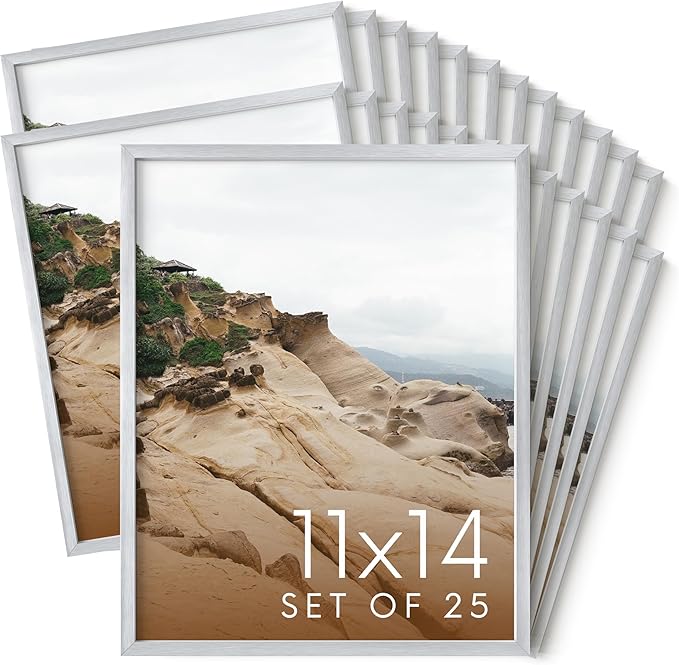HAUS AND HUES 11x14 Silver Metal Picture Frames - Premium Aluminum with Vertical & Horizontal Hanging, Shatterproof Plexiglass - Perfect for Home or Office (11x14 in, Silver, Set of 25)