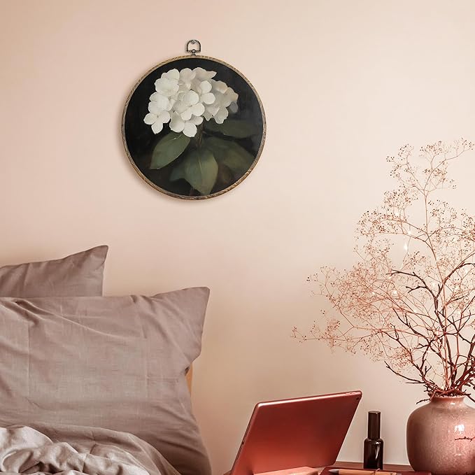 FUGWN Vintage Hydrangea Floral Round Wall Art Decor Framed, Dark Cottagecore White Hydrangea Floral Canvas Artwork Prints, Flower Wall Hanging Decorations for Home Bedroom Living Room, 10x10 Inch
