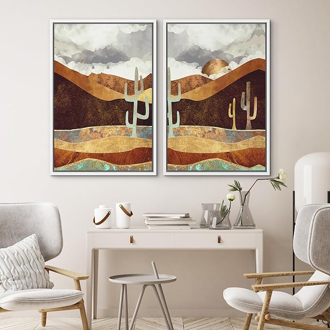 SIGNWIN Framed Canvas Print Wall Art Set Geometric Granite Desert Cactus Landscape Nature Wilderness Illustrations Modern Art Scenic Colorful for Living Room, Bedroom, Office - 16"x24"x2 White