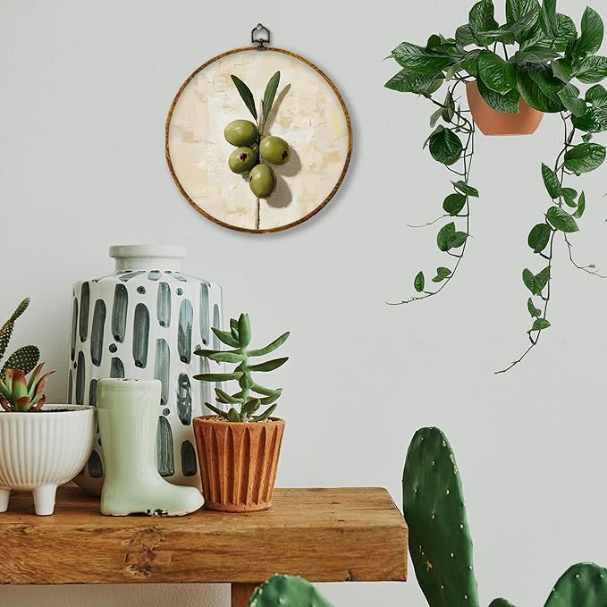 Hiuwevt Olive Still Life Kitchen Round Wall Art Decor, Retro Olive Tree Botanical Framed Canvas Prints, Cocktail Olives Bar Round Wall Hanging Decor for Bedroom Home Decorations, 10x10 Inches