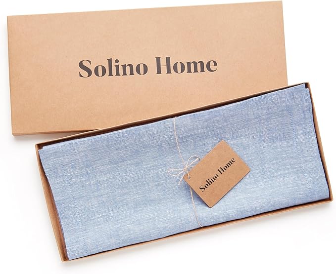 Solino Home Linen Table Runner 36 Inches - 100% Pure Linen Chambray Blue Table Runner 14 x 36 Inch Ideal for Dresser and Coffee Tables, Spring, Easter - Athena