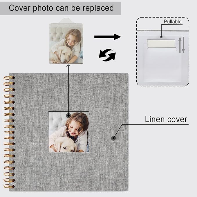 10 x 10 Inch Scrapbook Photo Album, DIY Memory Book Linen Cover for Photos, Hardcover Kraft White Pages Scrap Book Photo Albums for Travel, Wedding Anniversary Family Christmas Baby 40 Pages, Grey