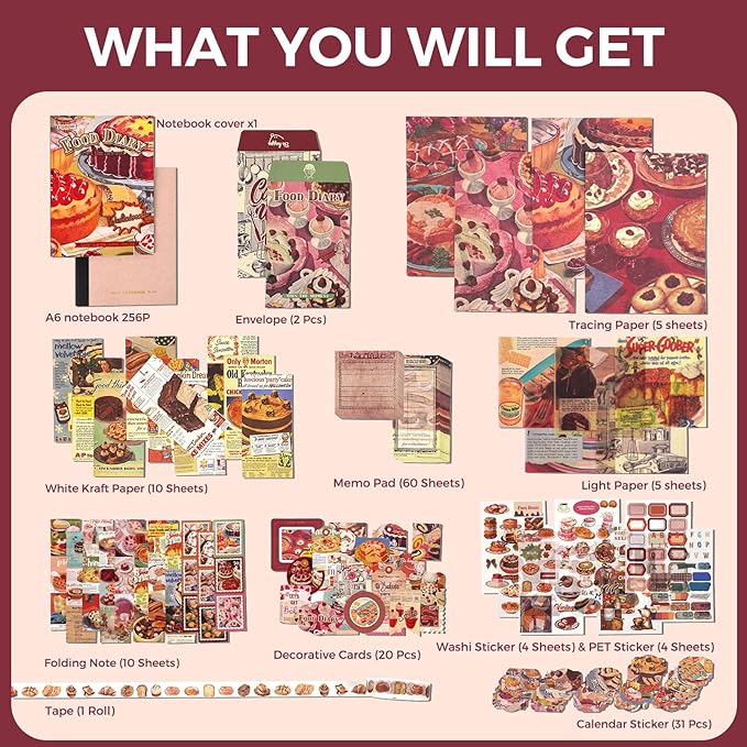 Funto Scrapbooking Kit(154 PCS), Food Series-Until Sunset, Perfect for Bullet Scrapbooking Materials, Planner DIY Arts Craft Collage