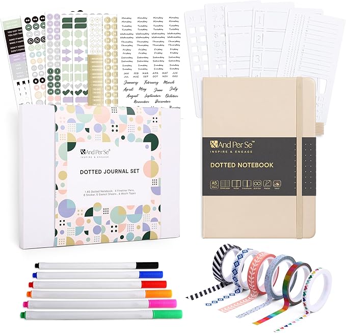 &And Per Se Bullet Dotted Journal Kit, A5 Hardcover Dotted Journaling Set (Light Apricot), 6 Fineliner Pens, 8 Sticker & 5 Stencil Sheets, 6 Washi Tapes with Giftable Box