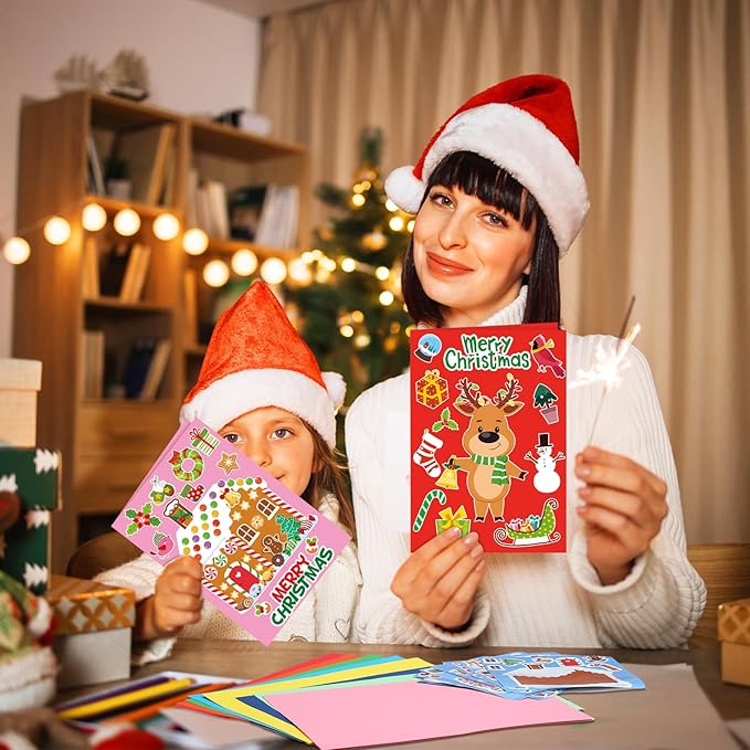 Fullhawl 48 Set Christmas Card Making Kits DIY Christmas Craft with Stickers and Envelopes Make Your Own Greeting Card Handmade Xmas Folded for Xmas Gift Party Decor Home Activities