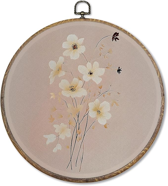 FUGWN Pink Floral Botanical Round Wall Art Decor Framed, Cottagecore Wildflower Botanical Canvas Artwork Prints, Retro Pink Floral Wall Hanging Decorations for Home Bedroom Living Room, 10x10 Inch