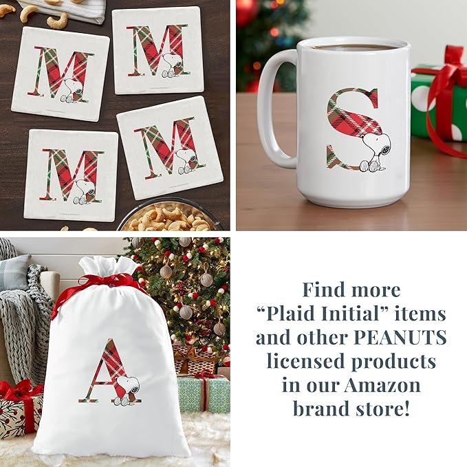 Let's Make Memories Personalized Mug - PEANUTS Character Collection - Christmas Holiday Stocking Stuffer - Microwave and Dishwasher Safe - Snoopy - Plaid Initial - 15 oz.