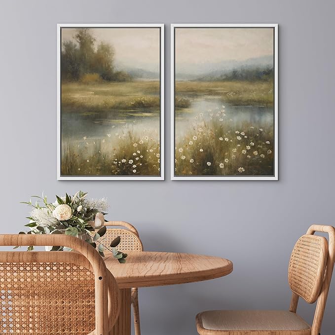 SIGNWIN Framed Canvas Print Wall Art Set Serene Marshland Landscape Rustic Illustration Modern Art Minimalism Decorative for Living Room, Bedroom, Office - 16"x24"x2 White