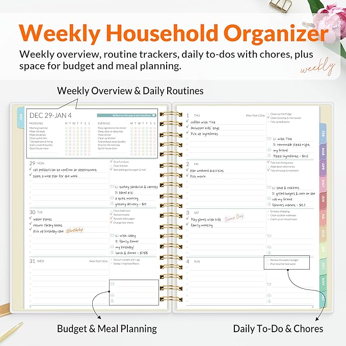 SUNEE Home Planner 2026, Work from Home Planner w/Stickers, JAN 2026 - DEC 2026, Daily Checklist, Monthly Budget Worksheet, Monthly Calendar, To-Do Lists, Ideal for gift, Poly Laminated Cover, Peony