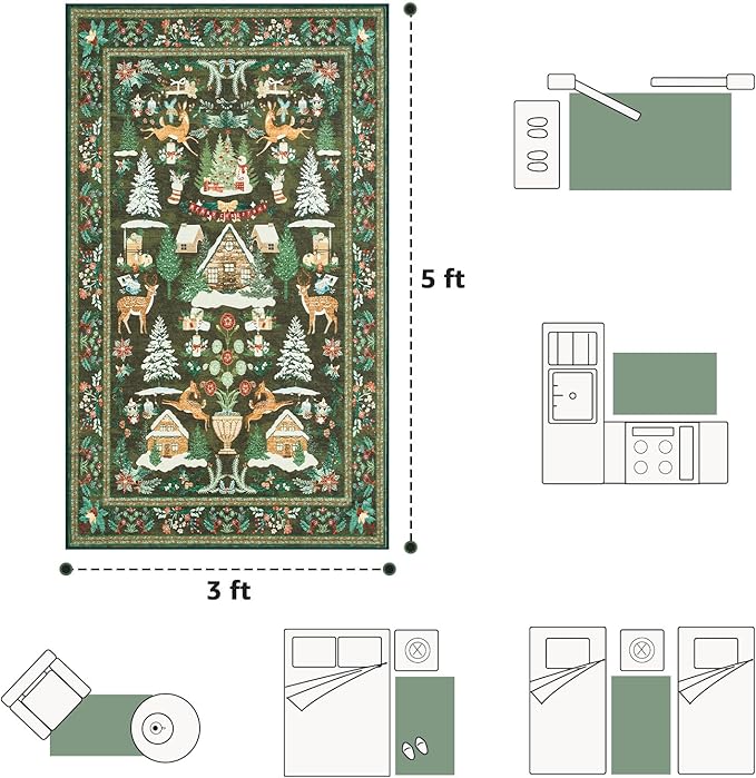 jinchan Christmas Rug 3x5 for Entryway Kitchen Green Holiday Rug for Bedroom Christmas Tree and Cabin Printed Xmas Decor for Living Room Bathroom Washable Non Slip Decorative Floor Carpet