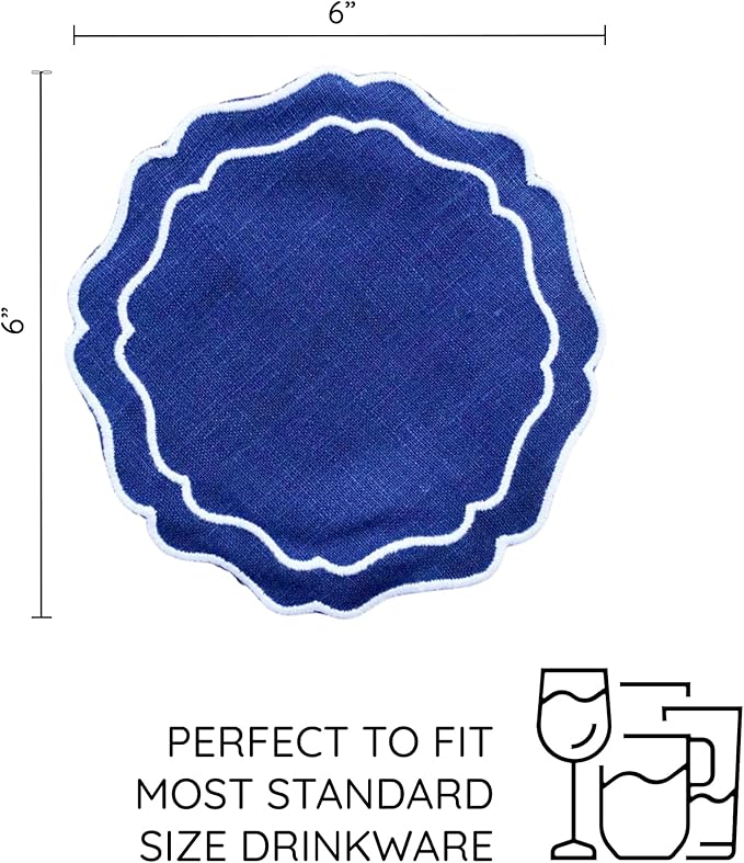 Drink Coasters Set of 6, 6x6 inch, Absorbent Linen Drink Mats with Scalloped Edge, Reusable Handmade Coffee Coasters for Home Decor & Tabletop Protection & Gift Giving (Navy)
