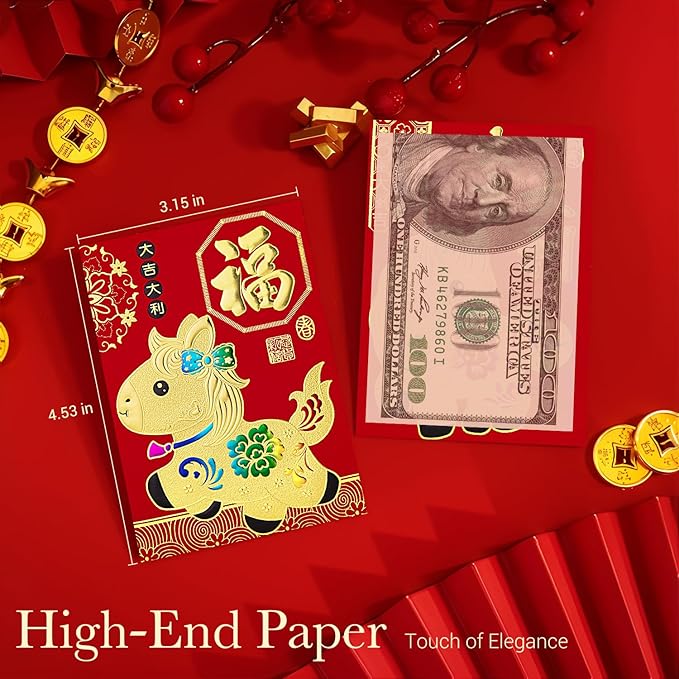 36pcs Red Envelopes Chinese New Year, Chinese Traditional Lucky Money Hong Bao Red Envelope Pockets for 2026 Spring Festival, Lunar New Year, 6 Cartoon Horse Designs,M