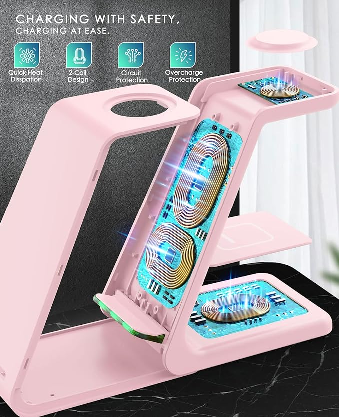 3 in 1 Wireless Charging Station, 2025 Upgraded Fast Desk Charger Station for iPhone 17 16 15 14 13 12 Pro Max Plus, Charger Stand for Apple Watch 10 9 8 7 6 5 4 3 2 SE, Airpods 4 3 2 Pro(Pink)