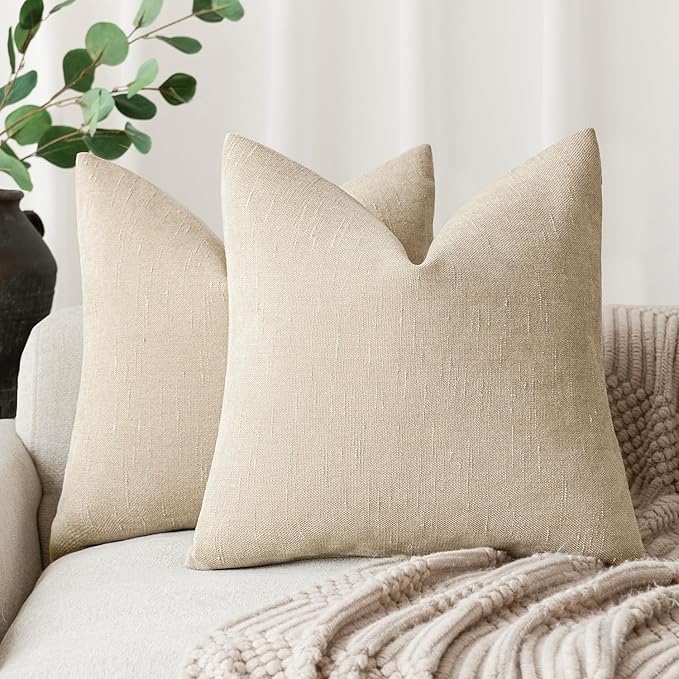 Foindtower Pack of 2 Soft Textured Chenille Throw Decorative Pillow Covers Square Accent Solid Cushion Cover Cozy Neutral Farmhouse Pillow Case for Couch Sofa Bedroom Living Room 22x22 Inch, Beige