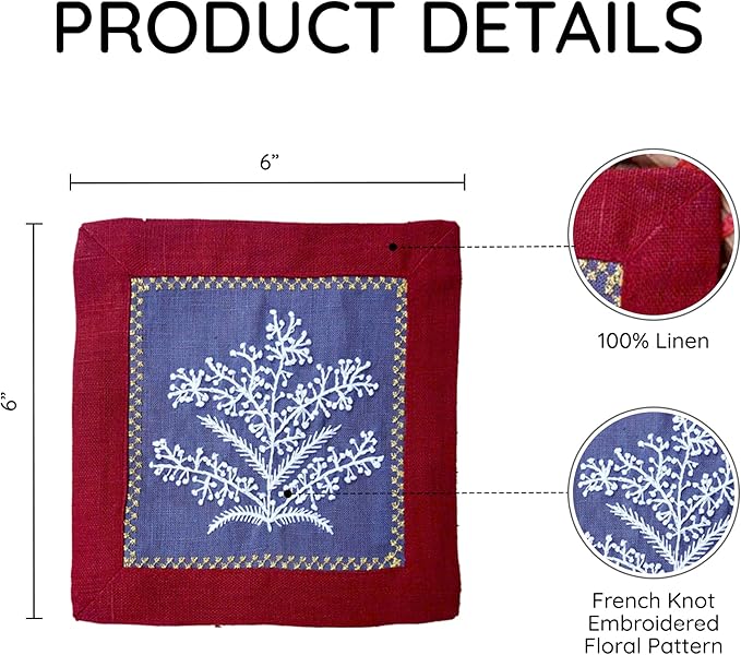 Cocktail Napkins Set of 6, 6x6 inch, 100% Linen, French Knot Hand Embroidered Floral Pattern, Reusable & Washable Napkin Coasters for Drinks, Parties, Weddings (Cinnabar Red)