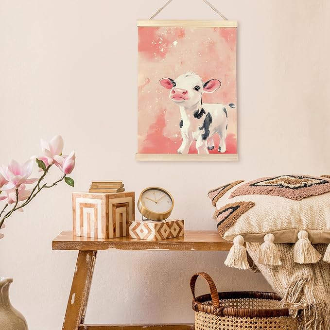 bitCNY Cute Baby Cow Wall Art – 12x16 Inch Calf Print on Pink Background, Farm Animal Nursery Poster for Girls' Room 589
