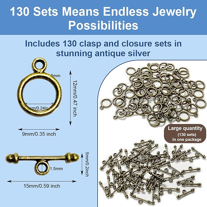 Heather's cf 130 Sets Brass Toggle Clasps for Jewelry Making – Antique Silver Finish Necklace & Bracelet Clasps and Closures