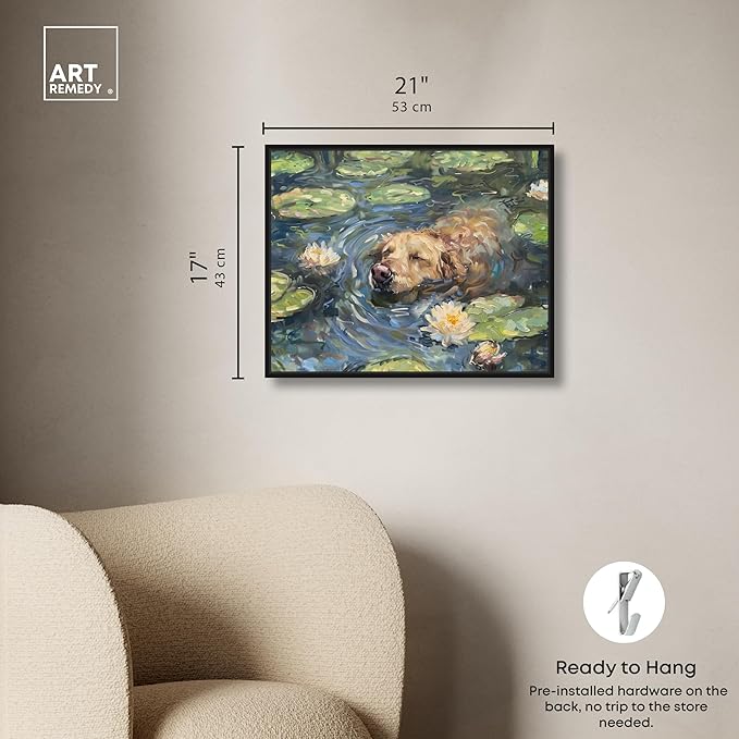 Art Remedy Monet Water Lilies Dog Rustic Chic Farmhouse Canvas Wall Art, Black Floater Frame, 20"x16"