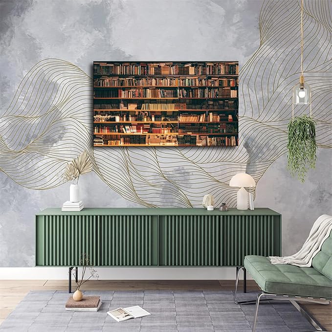 Library Books Antique Bookshelf Poster Art Print Canvas Wall Art Kitchen Living Room Classroom Bedroom Office Home Aesthetic Decoration (24x36inch Framed)