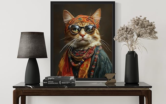 Hippie Portrait Art Poster Print, Cat Kitten Painting Humor Portrait Pet Artwork Decor Gallery A8 (11 x 14 inches, Black Frame)