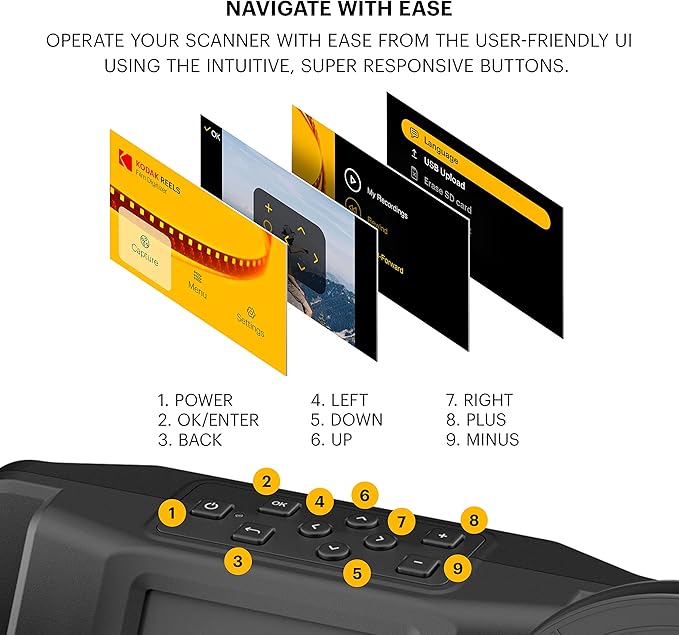 KODAK REELS 8mm & Super 8 Films Digitizer Converter with Big 5” Screen, Scanner Converts Film Frame by Frame to Digital MP4 Files for Viewing, Sharing & Saving on SD Card for 3” 4” 5” 7” and 9” Reels