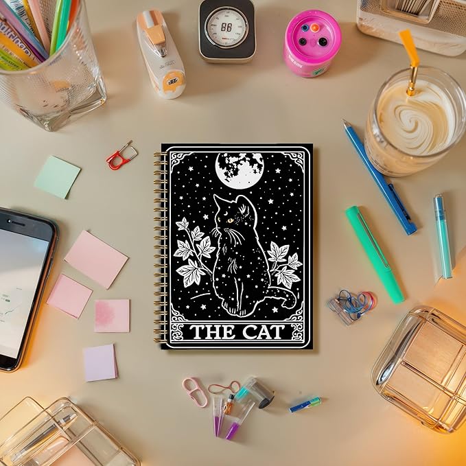 Witchy Black Cat Tarot Notebook, Cats Lover Mom Lady Gifts Journal, Cats Office Supplies, Mystical Celestial Witchy the Cat Tarot Card Spiral Journal Notebook, 5.5x8.3 Inch