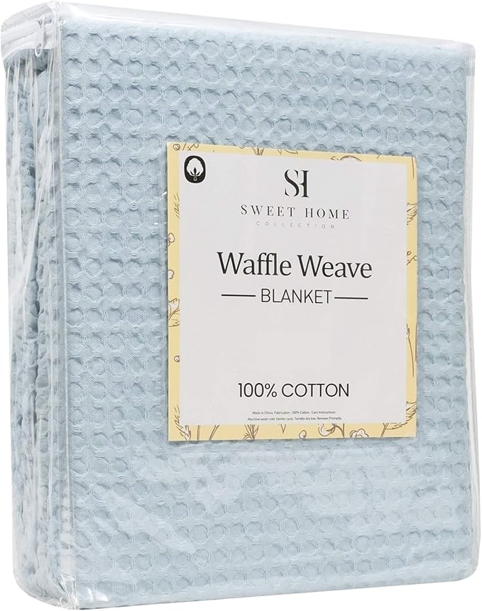 Sweet Home Collection 100% Fine Cotton Blanket Luxurious Weave Stylish Design Soft and Comfortable All Season Warmth, King, Waffle Weave Pearl Blue