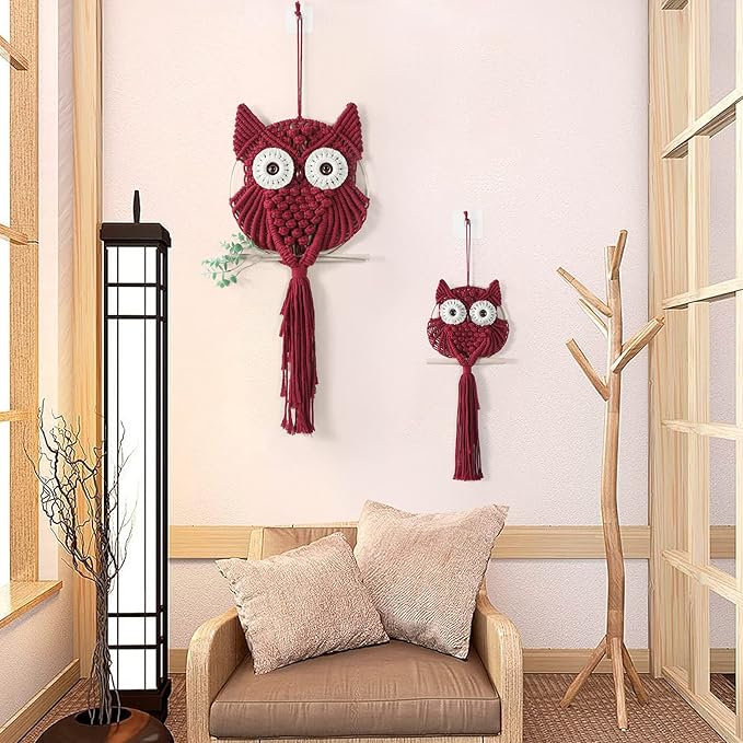 MVSUTA Owl Burgundy Cotton Handmade Macrame Wall Hanging Tapestry Home Decor Art and Red Craft Wonderful Decoration Woven Boho Ornament for Office Bedroom Apartment Living Nursery Gallery,2pcs set:1pc