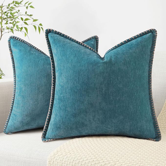 decorUhome Spring Chenille Soft Throw Pillow Covers 20x20 Set of 2, Farmhouse Velvet Neutral Decorative Pillow Covers with Stitched Edge for Couch Sofa Bed Home Decor, Teal