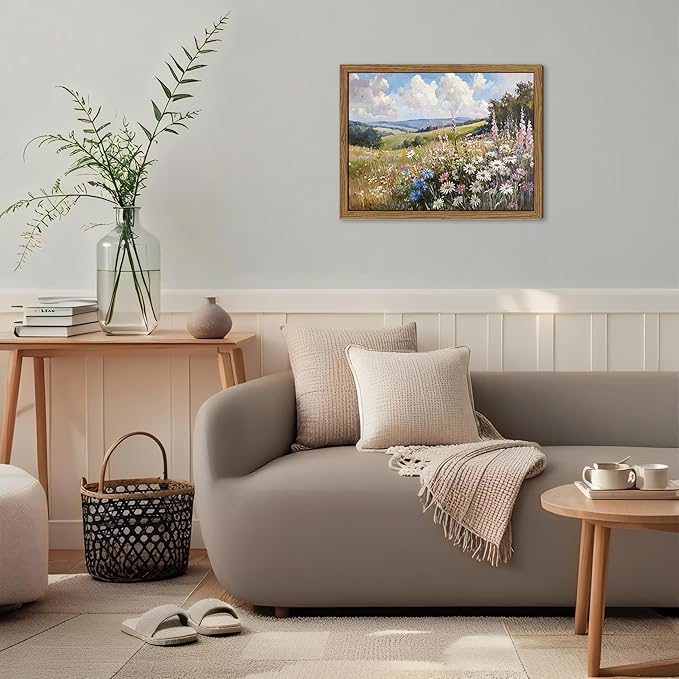 Framed Vintage Wildflower Canvas Wall Art, Nature Botanical Floral Wall Decor Pictures, Rustic Farmhouse Daisy Landscape Paintings Prints for Living Room Bedroom Bathroom Office 16x24 inch