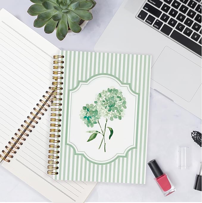 Coquette Preppy Hydrangea Notebooks, Green and White Stripes Girly Floral Journal, Aesthetic Hydrangea Flower Spiral Notebook Journal for Note Taking, Girly Office Supplies, 5.5x8.3 Inch