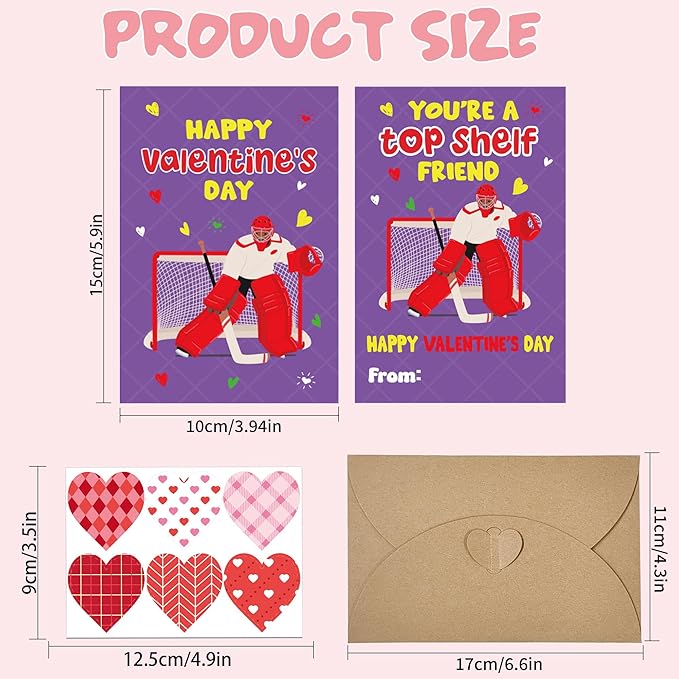 Valentine’s Day Cards for Kids Classroom, 36 Pcs Hockey Valentines Exchange School Set with Envelopes Heart Stickers, Sports Valentine Cards for Boys Girls Party Favors Gifts Exchange