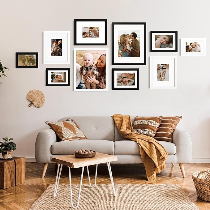 KINLINK A4 Picture Frame, Black Solid Wood Frames with Acrylic Plexiglass for Pictures A5 with Mat or A4 without Mat, Tabletop and Wall Mounting Display 4 Pack