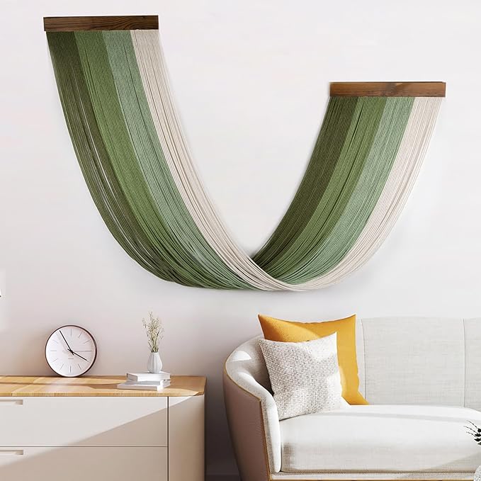 LB Green Macrame Wall Hanging Large, Boho Tapestry Wall Hanging Macrame Wall Art Handmade Yarn Woven Wall Art Modern Home Decor Headboard Wall Decor for Bedroom Living Room Dorm Nursery, 16x32 Inch