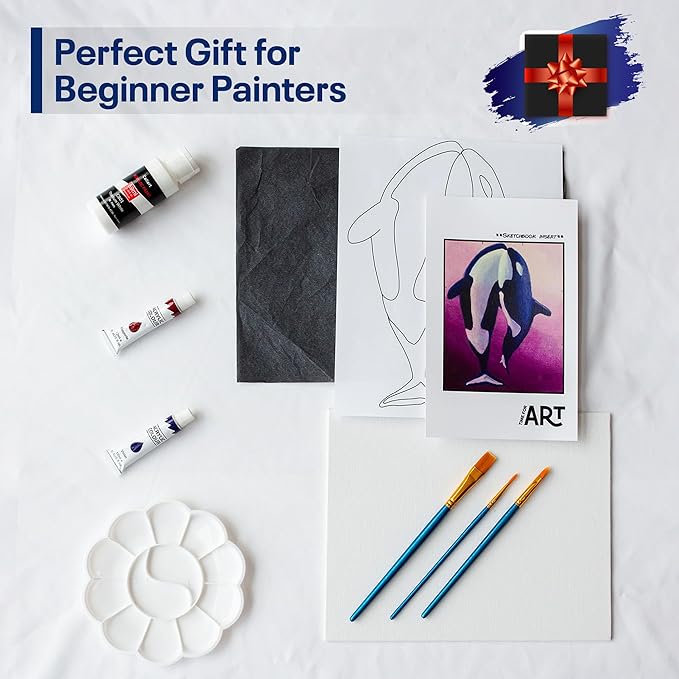 Painting4Real DIY Painting Class Kit for Adults with Video Tutorials: Learn to Paint Dancing Whales – How to Paint with Acrylics – Painting & Art Supplies – 9 Piece Acrylic Paint Set