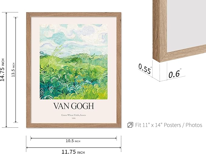 Monem Art Vintage Van Gogh Poster - Retro Impressionist Print - Green Wheat Fields, Auvers, Sky, Leaves, Landscape - Gift for Artist, Friend - Wall Decor for Home, Office, 11x14 Beige Framed