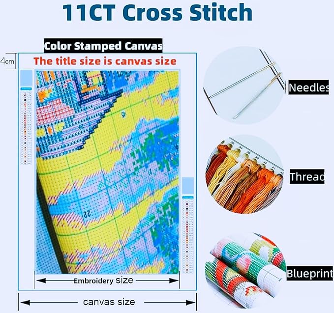 Joyhoor Stamped Cross Stitch Kits for Beginners, Needlepoint Kits for Adults, 11CT Counted Embroidery Kits-Flower Birds 18x18 inchs