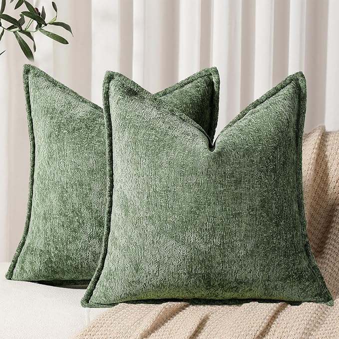 Pack of 2 Forest Green Christmas Decorative Throw Pillow Covers 24x24 Cozy Soft Chenille Accent Vintage Square Couch Pillow Covers for Home Decor Bed Sofa Living Room