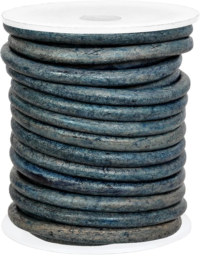 GENIQUE Real/Genuine Round Leather String Cord for Necklace, Bracelets, Jewellery, Braiding (4mm, Blue Distressed)